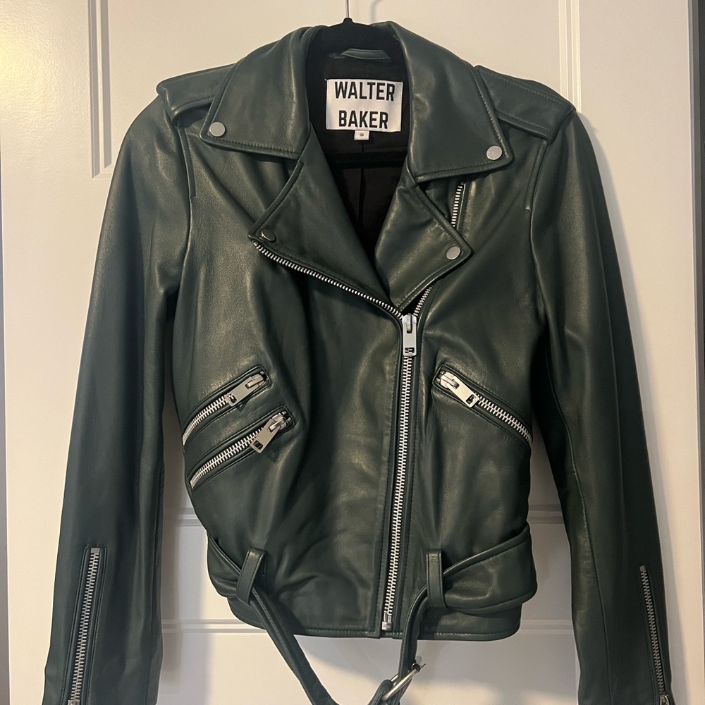 Walter Baker Dark Green Leather Jacket with Silver Zippers